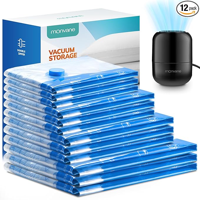 MONVANE Vacuum Luggage Storage Bags (12-Pack) + Cordless Pump